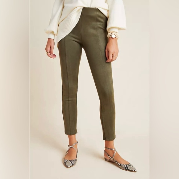 Anthropologie Olive Faux Suede Zip Split Hem Cropped Legging Pants Size 28 #1685 - Picture 1 of 6